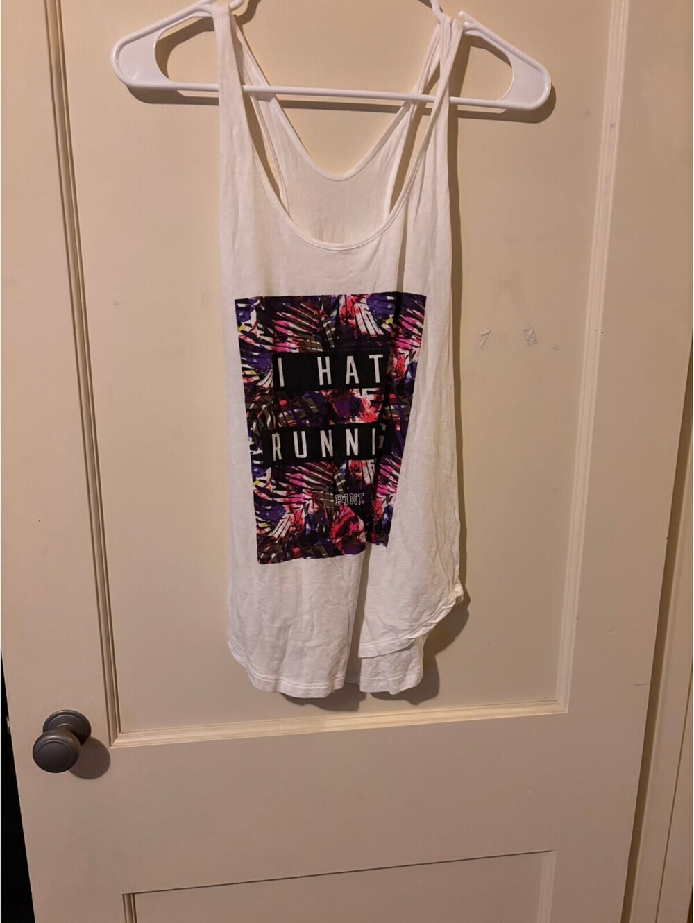 PINK white I Hate Running graphic tank top Medium